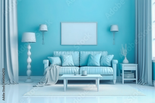 Interior of the room in plain monochrome pastel blue color  modern interior design