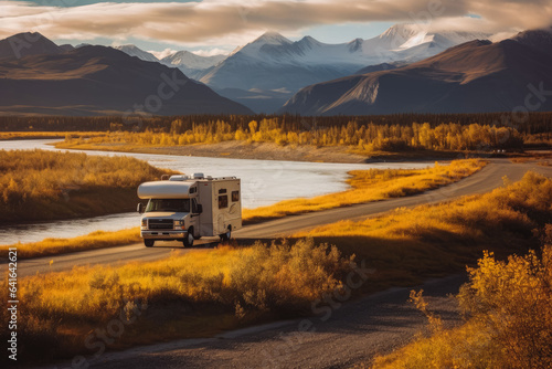 Camper van driving on roads of Alaska with beautiful mountains in the background.