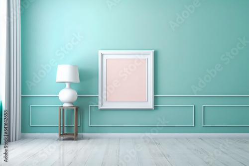 Empty square picture frame on a light pastel color wall background  modern design