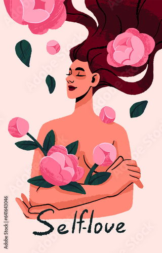 Self love concept. Happy woman holds blooms, rose, peony. Girl with flowers, bud and quote love yourself. Beautiful female power inspiration poster, postcard, card. Flat vector illustration