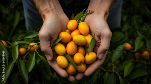 Close-up partial view of a farmer holding organic kumquat fruit. Generative AI. 