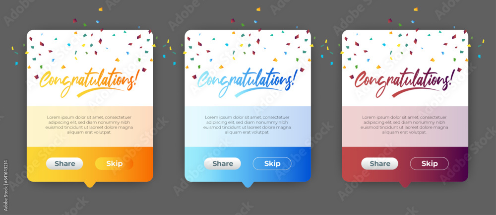 Set of Modern congratulations pop up banner with flat design on white background. Professional web design, full set of elements. User-friendly design materials.