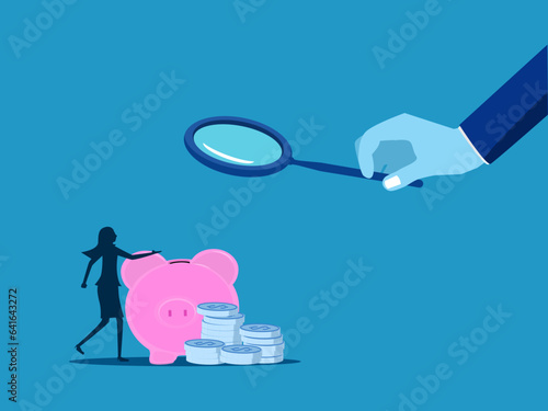 Check income. Businessman boss using magnifying glass to examine piggy bank. vector