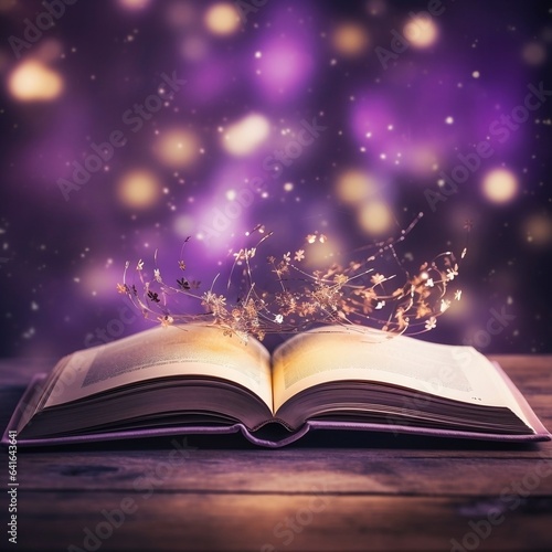 Magic Book With Open Antique Pages And Abstract Purple Bokeh Lights Glowing In Dark Background - Literature Concept