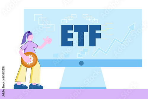 Businessman holding bitcoins pointing at computer screen with text "ETF" (Exchange Traded Fund)The concept of entering a cryptocurrency fund.