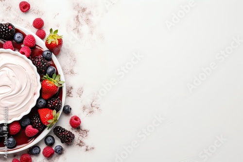 Ice cream with fresh berries in glass bowl on white background, top view