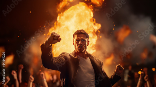 Narrative impactful AI-generated photo of a man in front of the burning car in the middle of the riot. The urgency of societal change. Echoes the spirit of protests