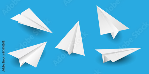 Set Realistic White Paper Plane 3D Model. Different kind paper plane isolated on blue background — Stock Vector, Banner