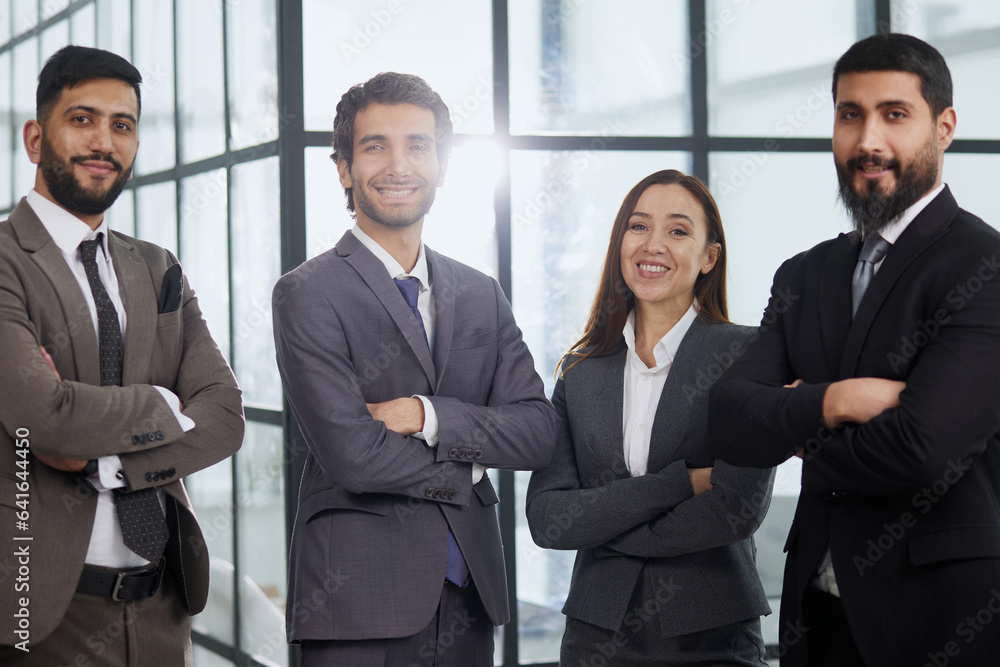 Business people group conference with boss man and woman looking at camera with crossing hand Business people group conference with boss man and woman looking at camera with crossing hand