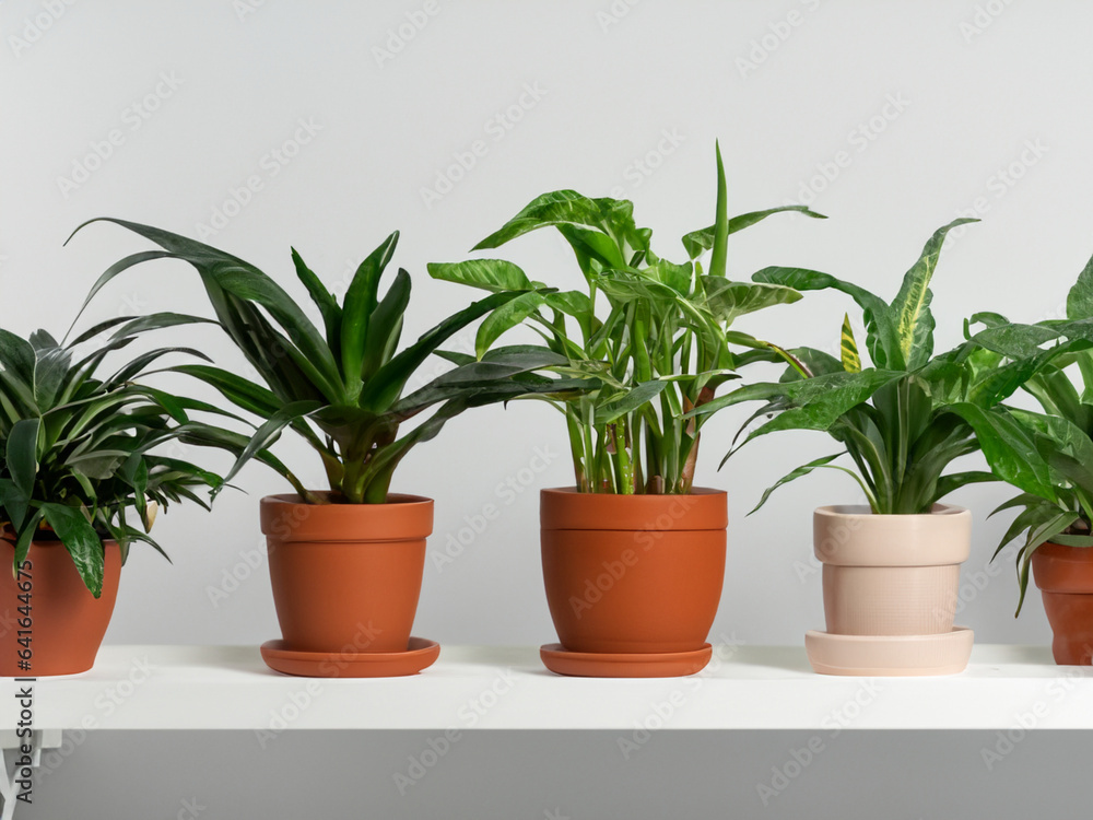 plants on a white shelf