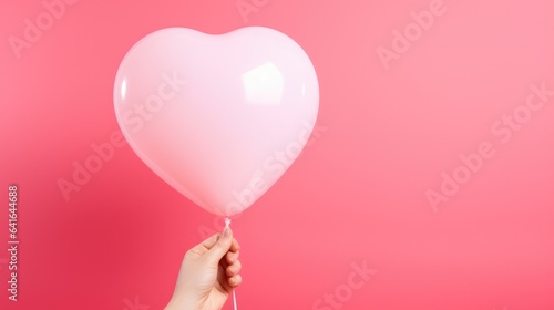 Female hand holding pink heart shaped balloon on light red background with copy space. Valentine's Day or Happy Birthday celebration concept.