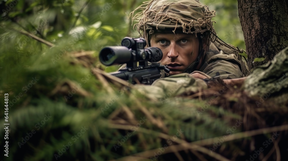 Special forces soldier with sniper rifle in the forest. Selective focus.