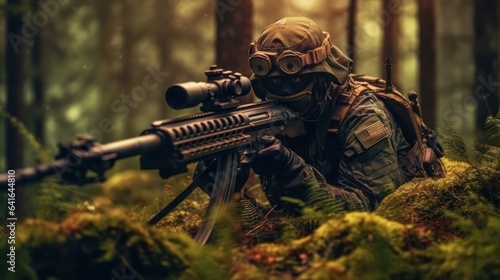 Special forces soldier with machine gun in the forest. Selective focus.