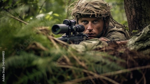 Special forces soldier with sniper rifle in the forest. Selective focus.