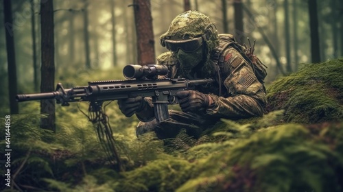 Special forces soldier with sniper rifle in the forest. Selective focus.