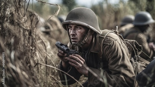 Soldier in historical German uniform during historical reenactment of WWII