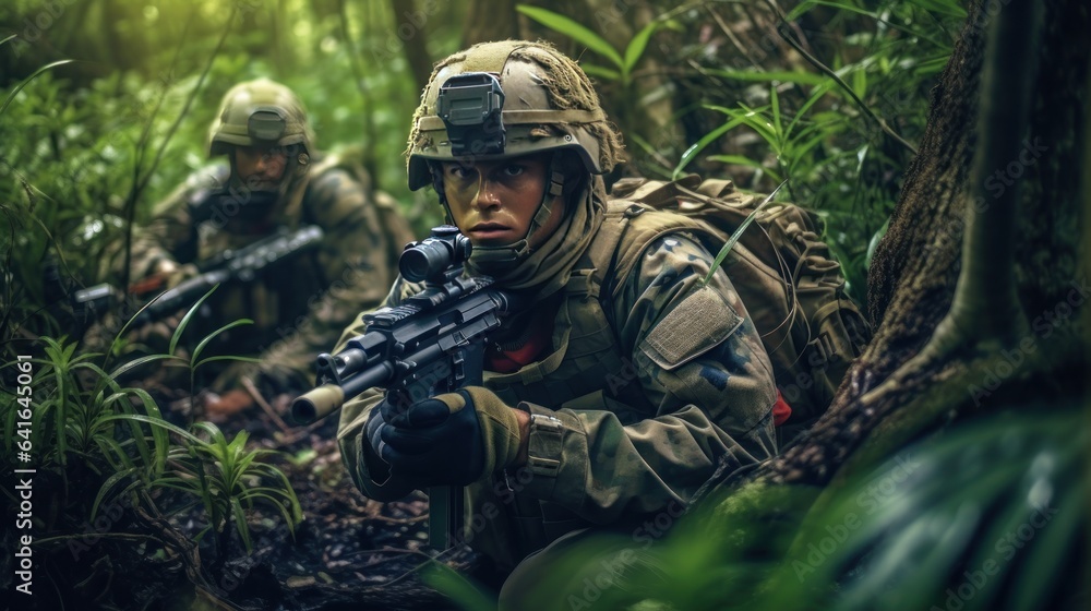 United States army soldier with assault rifle in jungle. US army soldier in action.