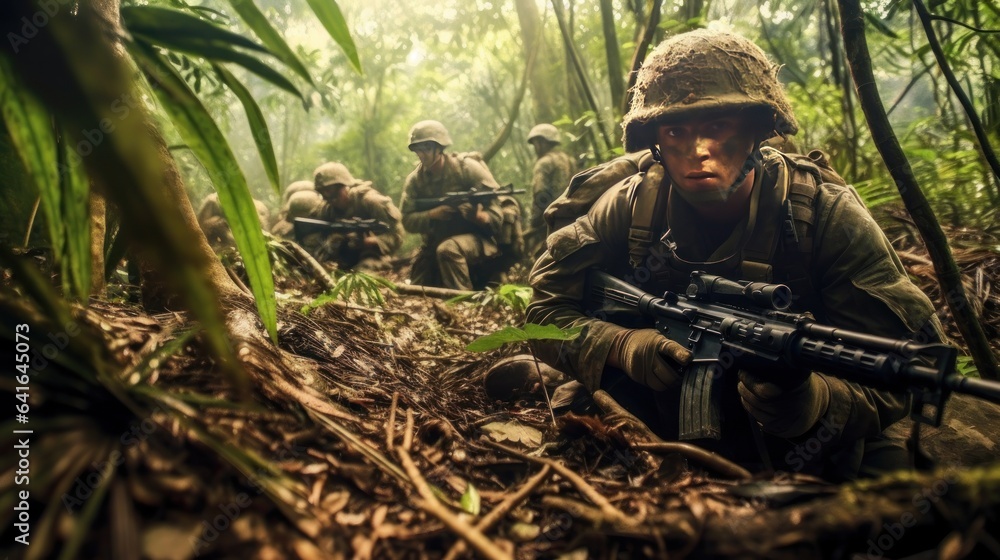United States Navy Special forces soldier in action during a mission in jungle