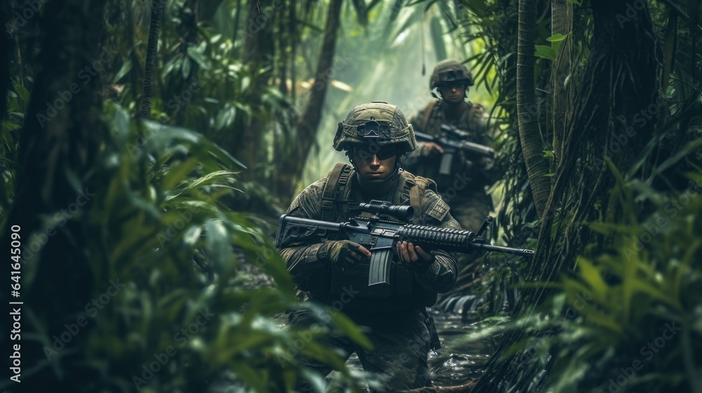 United States Special forces soldiers in action with assault rifle in jungle