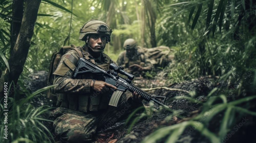 Portrait of a soldier with assault rifle in jungle. Selective focus.