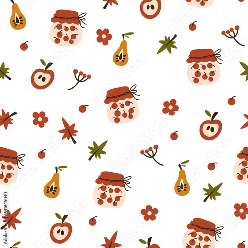 Seamless pattern with homemade jar of preserving the fruit and berries. Glass jar with preserved berry jam. Berry compote or marmalade, jam. Autumn harvest season.