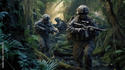 Group of soldiers in the jungle. United States Special forces soldiers in action during a mission in the jungle.