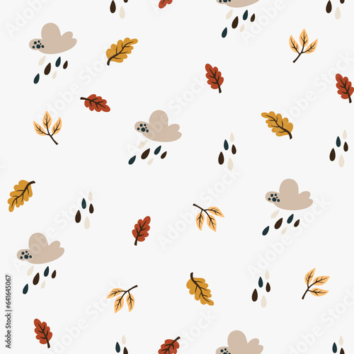 Autumn pattern with clouds, rain drops and leaves. Creative background for fabric, textile, scrapbooking and prints. Vector illustration.