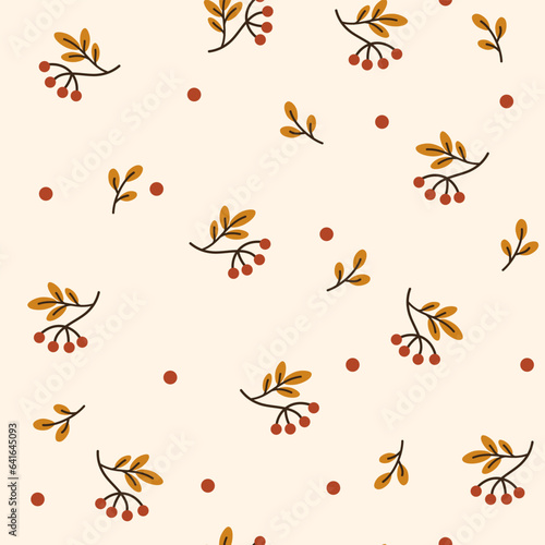 Autumn pattern with berries and foliage. Creative background for fabric, textile, scrapbooking and prints. Vector illustrations for kids. © PawLoveArt