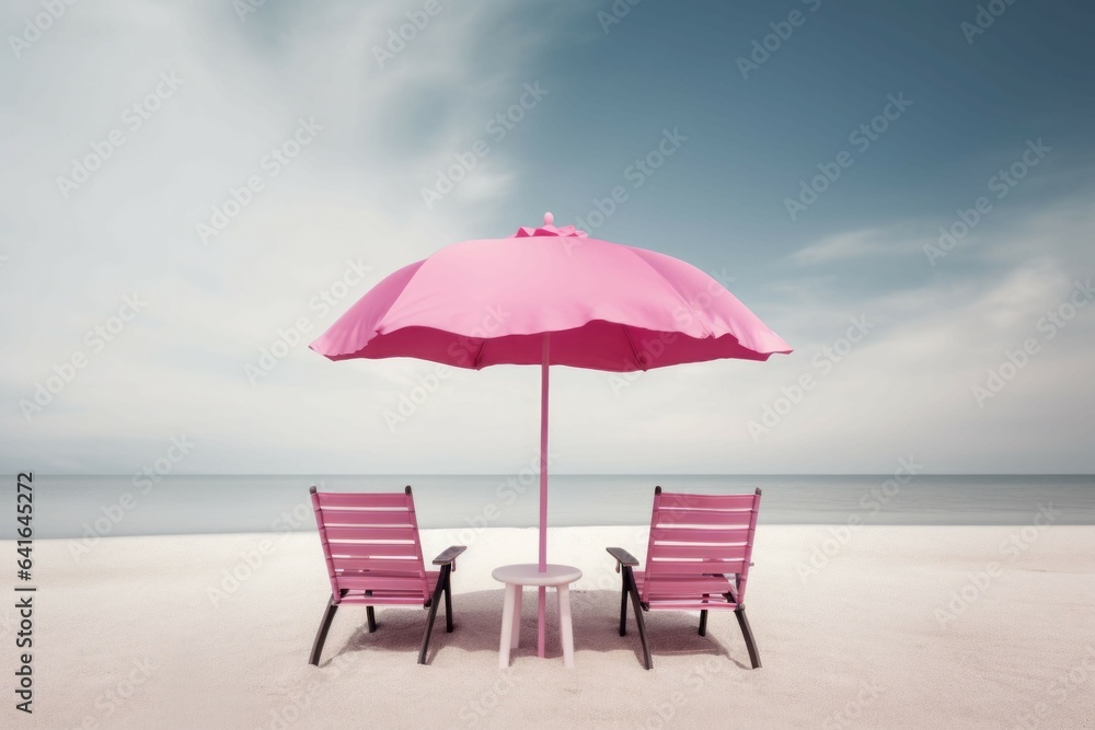 Pink beach surreal umbrella. Generate Ai