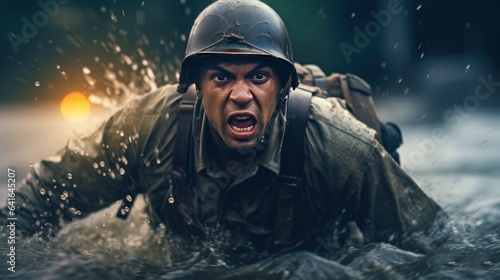 Portrait of a scared soldier in the rain. He is screaming.