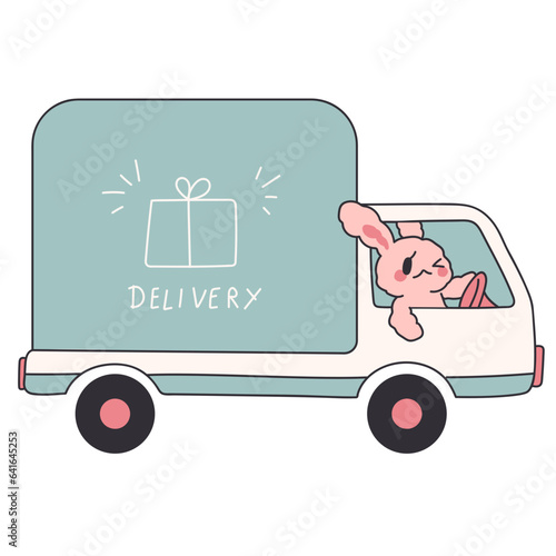 Rabbit driving truck line filled illustration