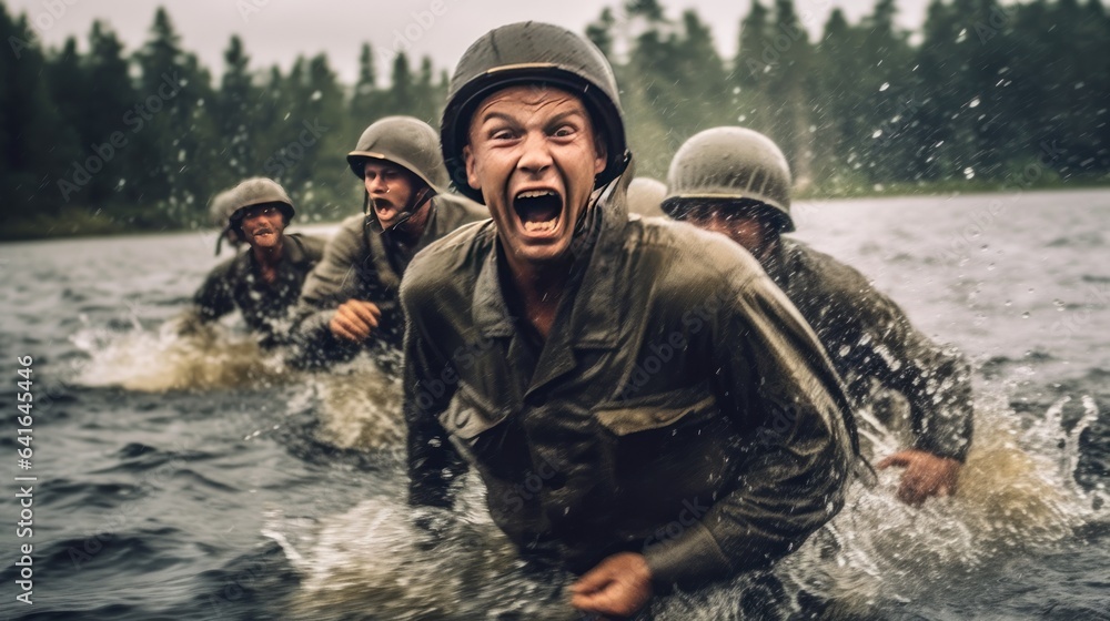 Group of soldiers fighting in the river. War in Russia. World War II.
