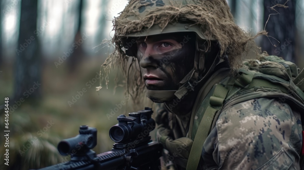 Close-up portrait of a soldier in the forest. Selective focus.