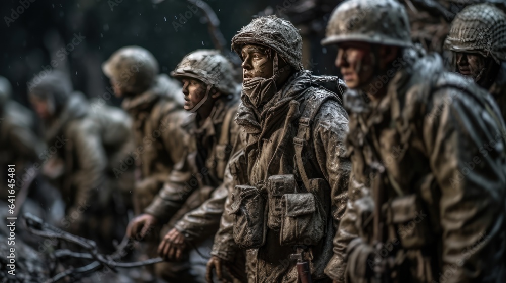 Soldiers in historical US ARMY uniform during historical reenactment of WWII