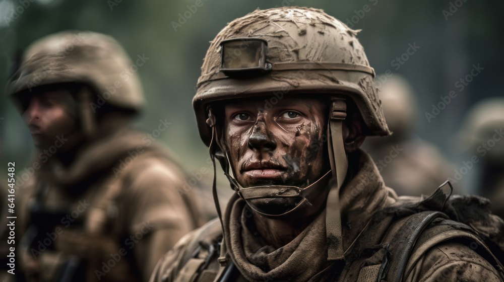 Soldiers in historical US ARMY uniform during historical reenactment of WWII