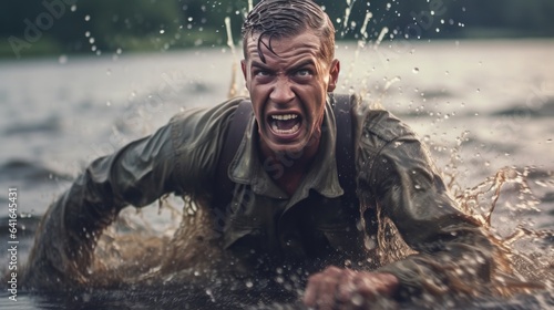 Portrait of a man in a military uniform on a background of water splashes