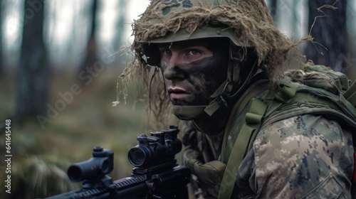 Close-up portrait of a soldier in the forest. Selective focus.