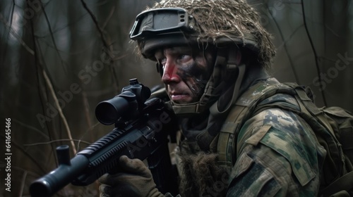Portrait of a special forces soldier with a rifle in the forest