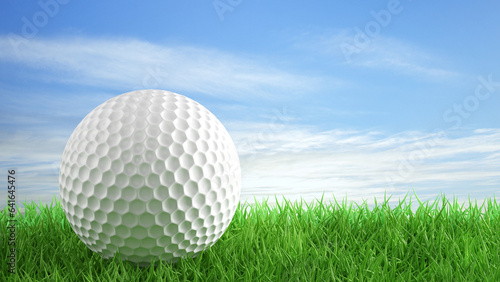 Golf ball on the grass on background of sky. 3d-rendering