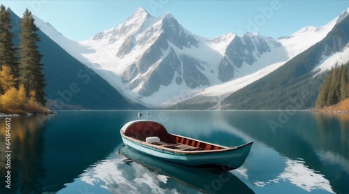 A serene lake surrounded by mountains, with a small boat floating in the lake. AI-generated