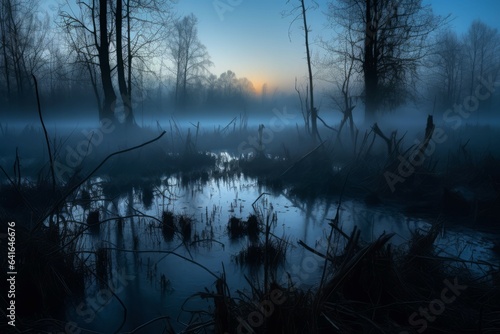 Swamp foggy morning lake. Generate Ai