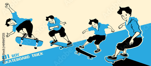 Boy with skateboard to Do Skateboard Tricks. Vector illustration.Cartoon character. 