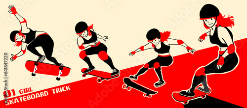 girl with skateboard to Do Skateboard Tricks. Vector illustration.Cartoon character. 