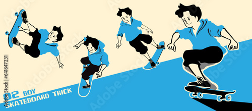 Boy with skateboard to Do Skateboard Tricks. Vector illustration.Cartoon character. 