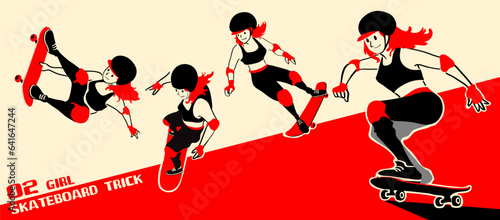 girl with skateboard to Do Skateboard Tricks. Vector illustration.Cartoon character. 