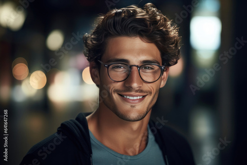 Handsome man with glasses smiles. AI generative.