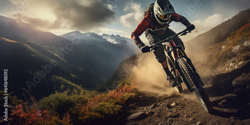 Mountain biker cyclist riding a bicycle downhill on a mountain bike trail. Outdoor recreational lifestyle adventure sport activity in nature © JoelMasson