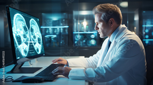 a male doctor with a white coat reviewing brain scans on a computer screen in a lab room photorealistic high resolution - Generative AI
