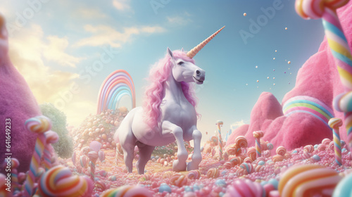 a unicorn doing magic in a candyland - Generative AI photo
