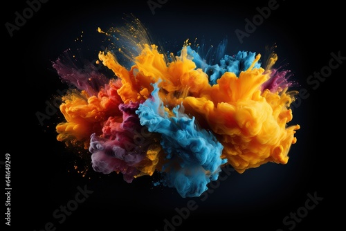 Colorful liquid explosion under water on black background. Abstract backdrop with color splashes. Underwater explosion paint.